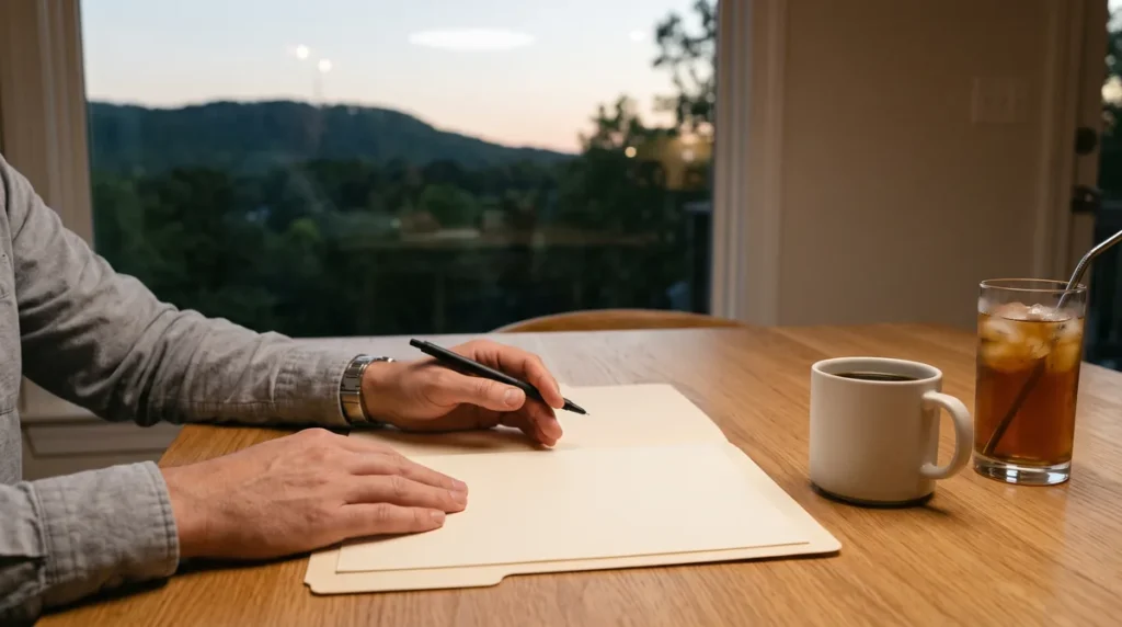 Hands resting on a folder of blank papers on a table with the Red Mountain ridgeline in the window at dusk